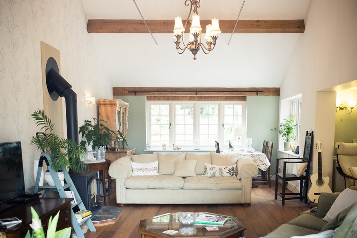 Garden Room with Exposed Beams and French Windows